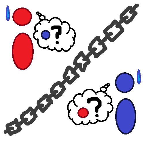 An abstract red person is in the upper left with a sweat drop near their head and a thought bubble with a blue circle and a black question mark. In the lower right is an abstract blue person with a sweat drop near their head and a thought bubble with a red circle and a black question mark. A gray chain separates them in a diagonal line.